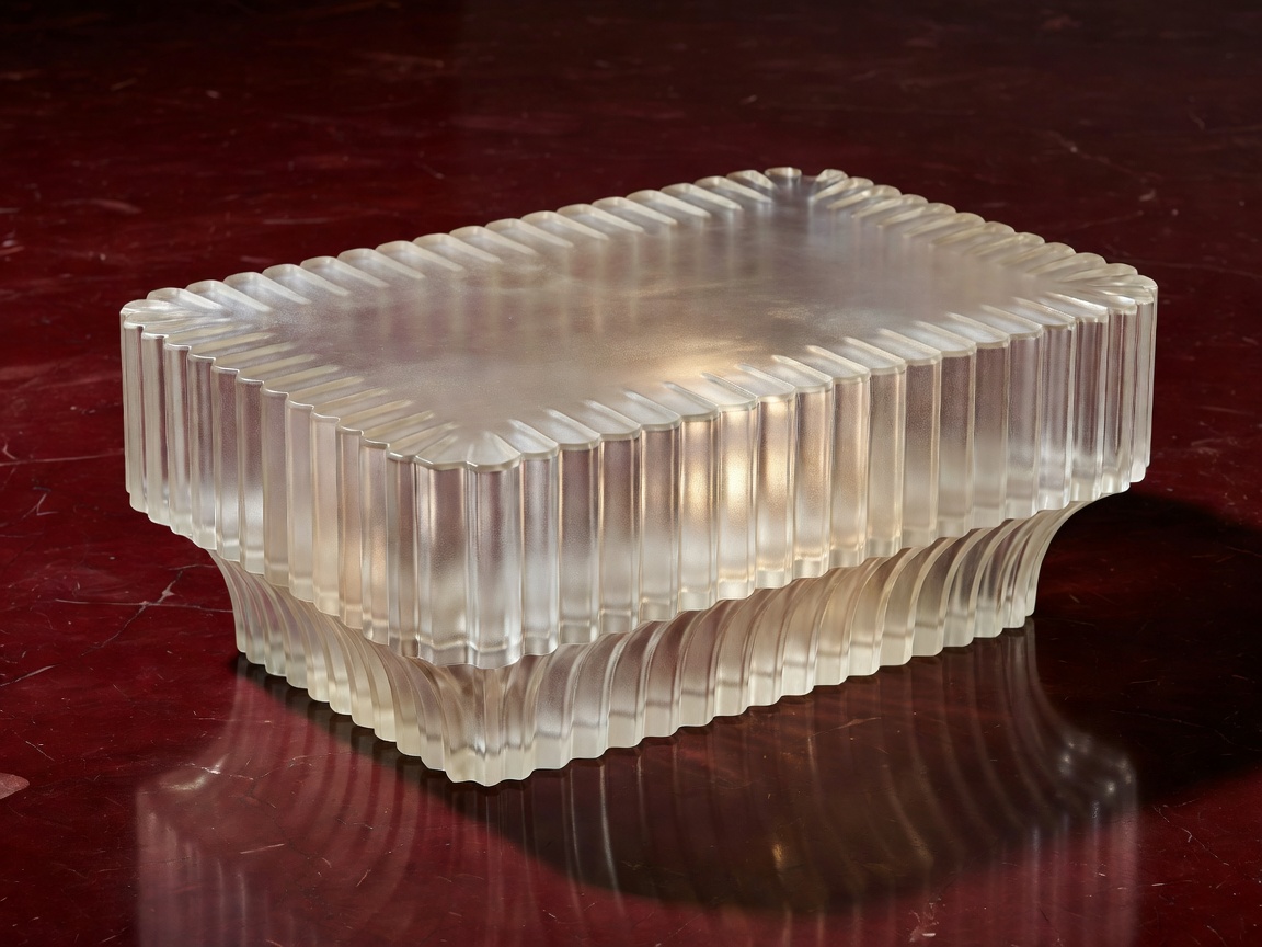Carved fluted cast glass coffee table with amber translucency over dark stone floor