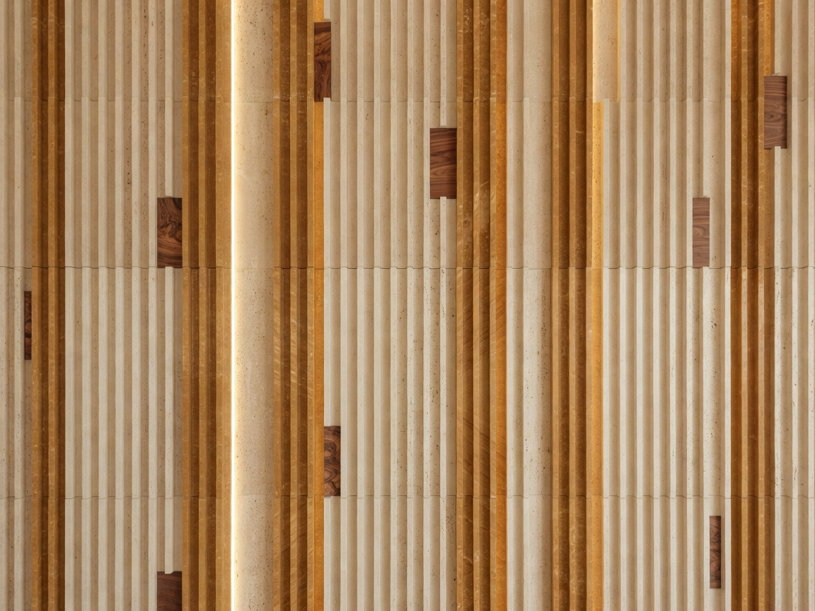 Fluted timber and Roman travertine architectural feature wall with hidden warm lighting