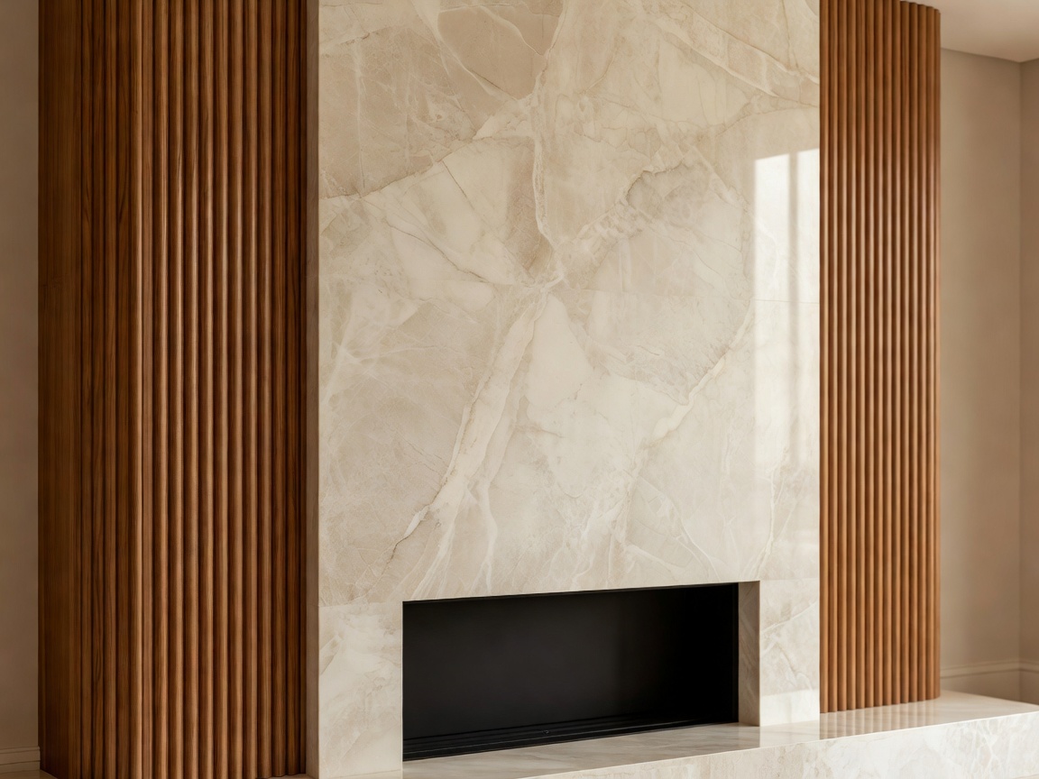 Fluted acoustic timber panels flanking a bookmatched marble slab fireplace feature wall