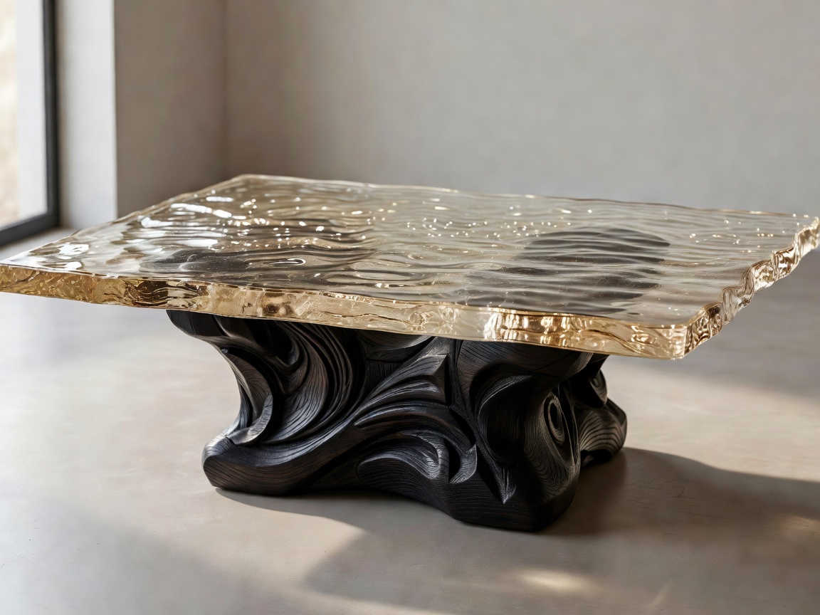 Heavy cast glass coffee table with rippled amber texture sitting atop a carved dark plinth