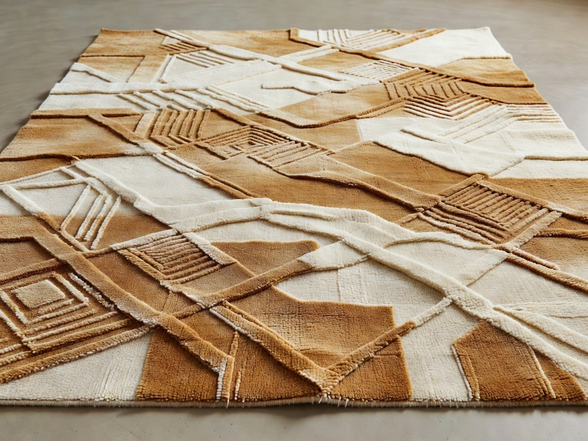 High-low textured hand-knotted wool area rug in warm ivory and amber with sculptural carving