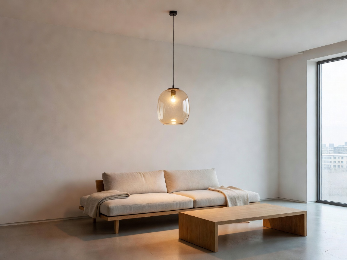 Mouth-blown amber glass pendant light casting diffused yellow glow over minimalist living room