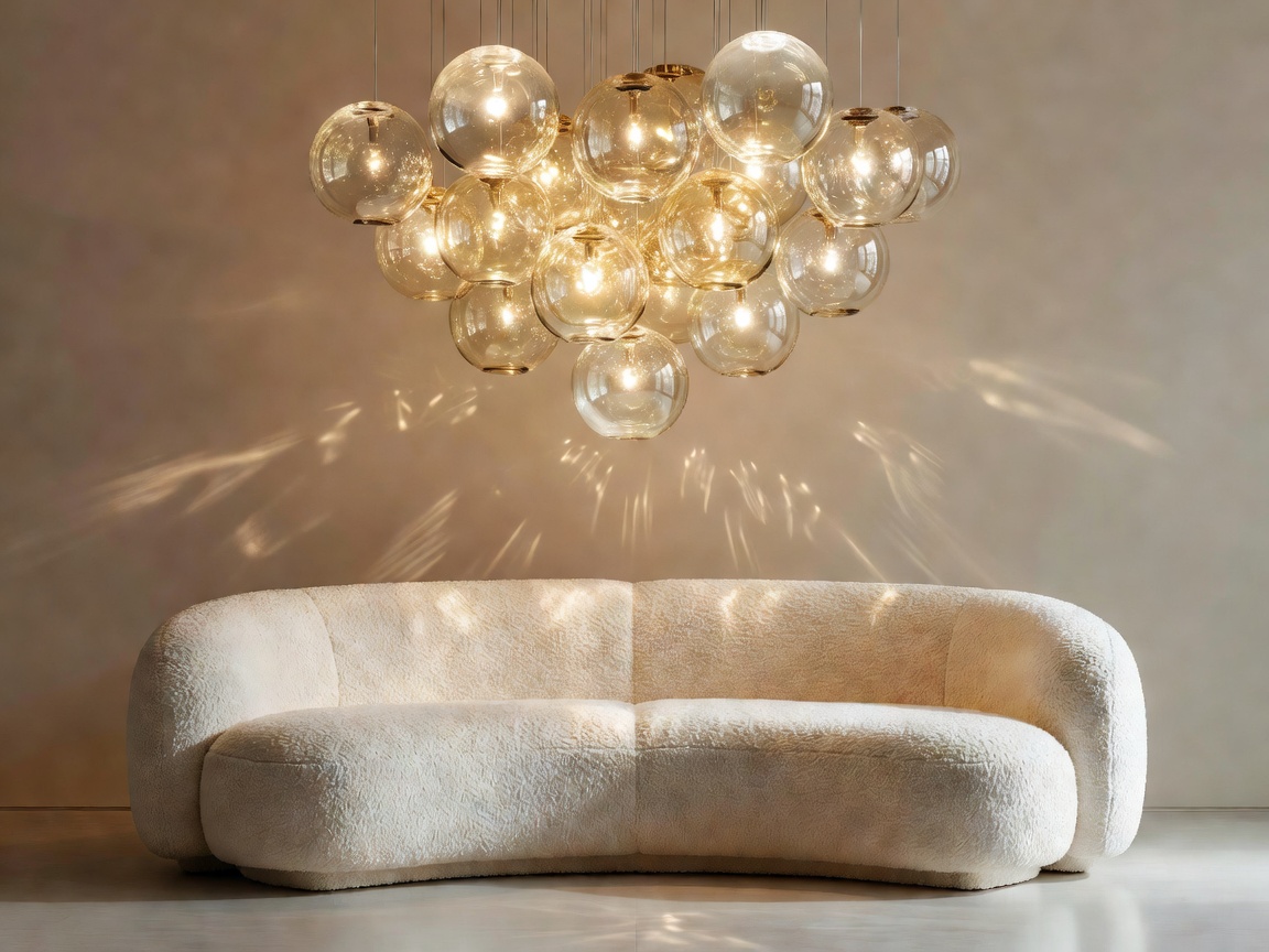 Sculptural chandelier with mouth blown amber glass globes hung above a white bouclé lounge